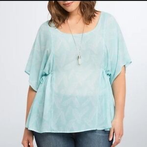 Torrid Aqua Turquoise Feather Print Side Cinch Tie Semi Sheer Chiffon Top
